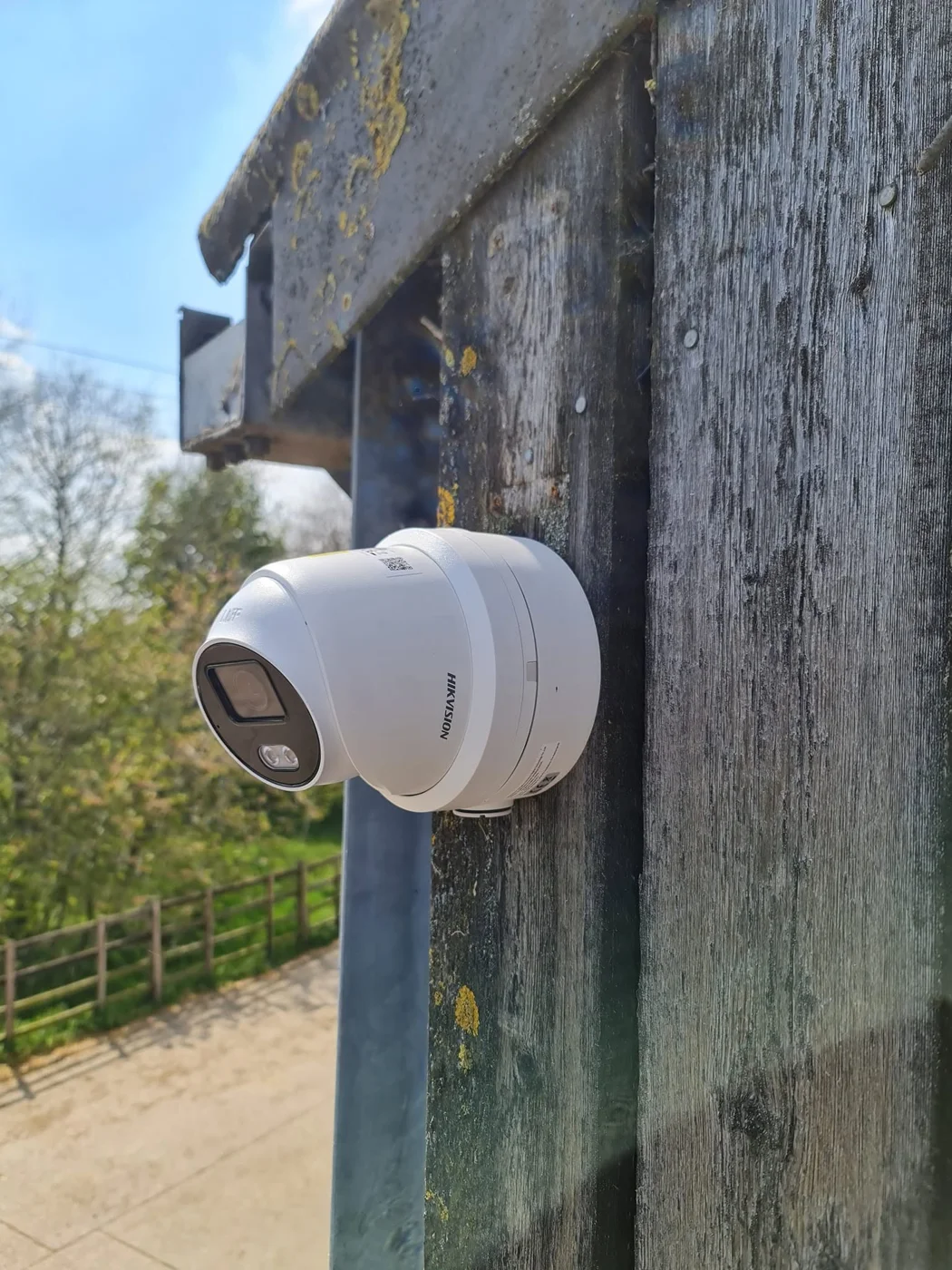 Turret CCTV camera installed on a timber farm building